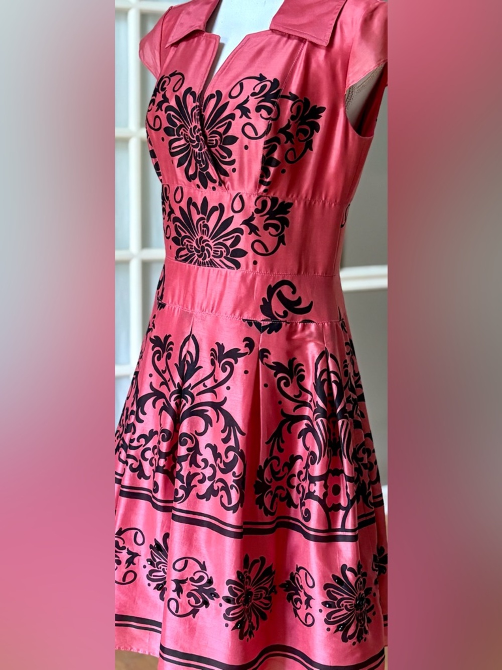 Coral Satin Fit Flare Dress Black Baroque Print Retro Collared Party - Picture 2 of 12